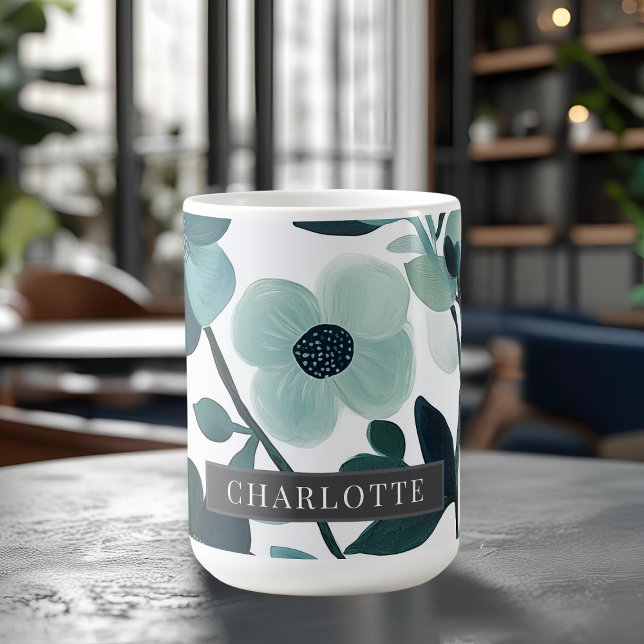 Mug Nom personnalisé Élégant Bleu Aqua Vignes Florales (Créateur téléchargé)
