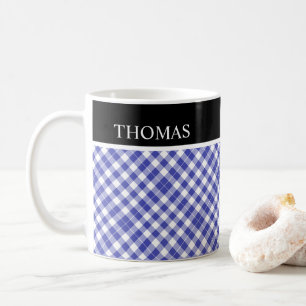 Mug Nom personnalisé En vichy blanc bleu personnalisé