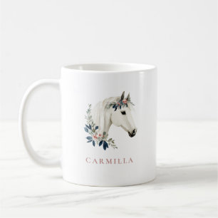 Mug Nom personnalisé Floral Horse Rose et Marine