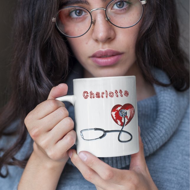 Mug Nom personnalisé l Red Heart Stethoscope Nurse Méd (Créateur téléchargé)