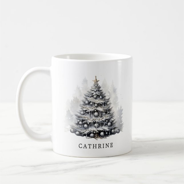 Mug Nom personnalisé moderne Arbre de Noël noir et bla (Gauche)