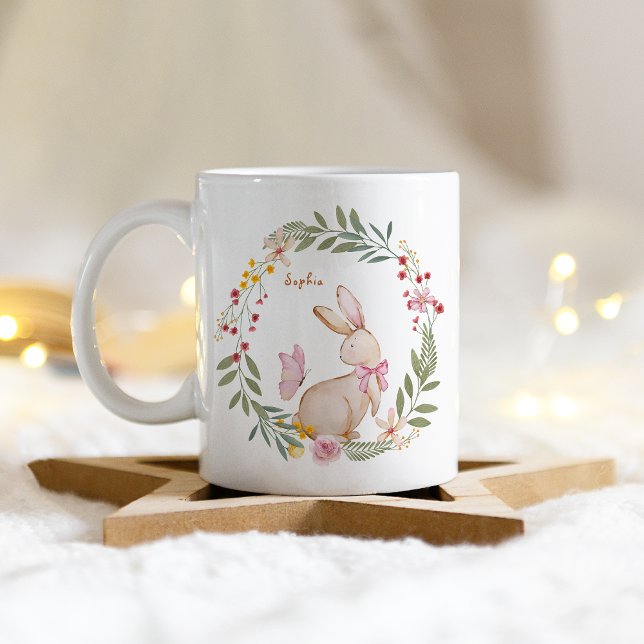 Mug Nom personnalisé Motif de lapin rose de Pâques (Créateur téléchargé)