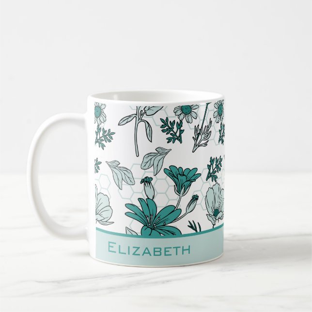 Mug Nom personnalisé motif floral vert transparent (Gauche)