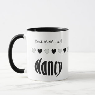 Mug Nom personnalisé "Nancy", Coeurs noir et blanc