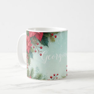 Mug Nom personnalisé Noël Floral Aquarelle Poinsettia