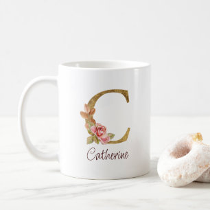 Mug Nom personnalisé Or Feuille Rose Blush Lettre C