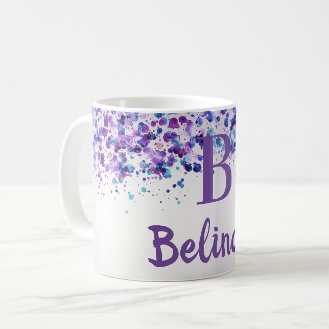 Mug Nom personnalisé Purple Lavender Monogramme (Devant gauche)