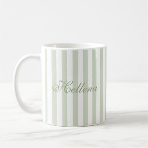 Mug Nom personnalisé Rayures Vert Sage Rétro Blanc