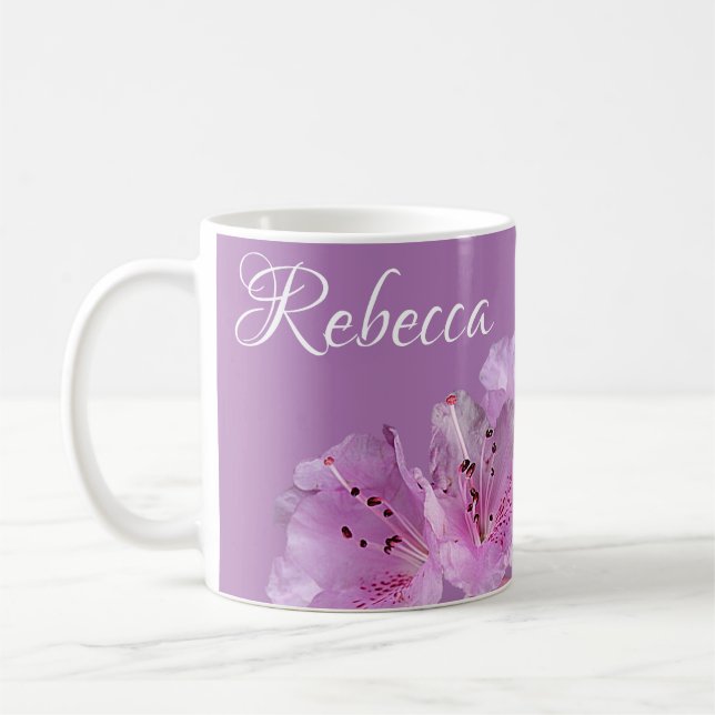 Mug Nom personnalisé Rebecca floral violet rose boho (Gauche)