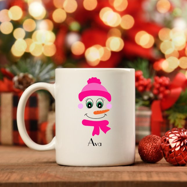 Mug Nom personnalisé Snowman Snowgirl Casquette rose e (Créateur téléchargé)