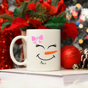 Mug Nom personnalisé Snowman Snowgirl Pink Bow