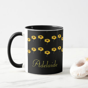 Mug Nom personnalisé tournesols jaunes sur noir