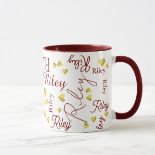 Mug Nom répété avec le marron Gold Hearts