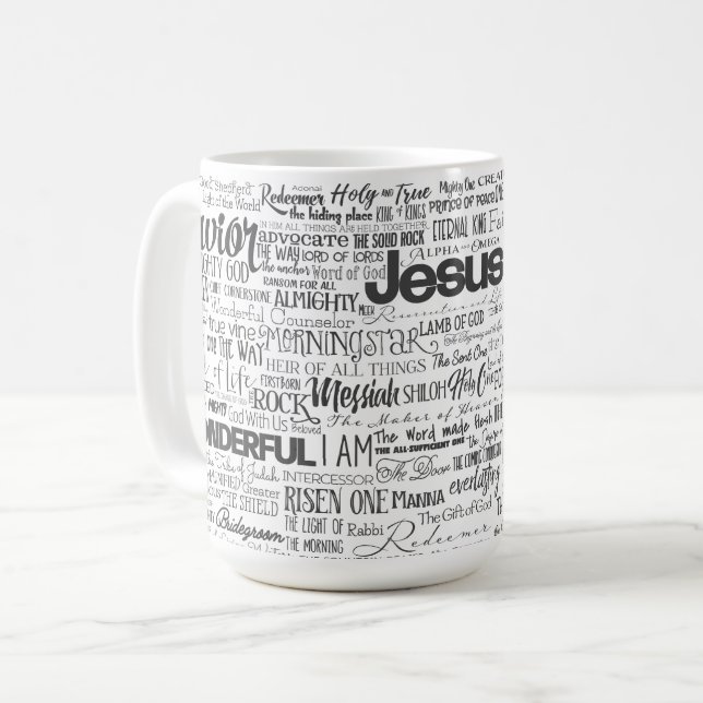 Mug Noms religieux chrétiens de Dieu Texte noir blanc (Devant gauche)