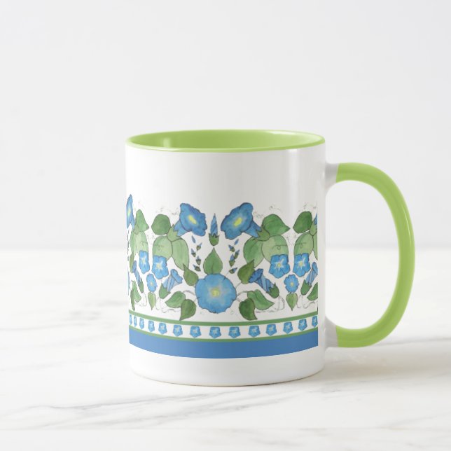 Mug Nostalgique Bleu Matin Gloire Frontière Florale, B (Droite)
