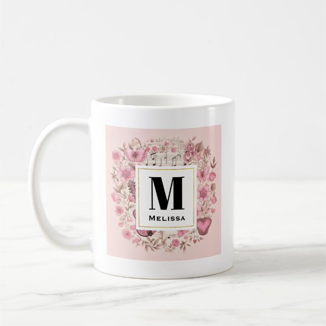 Mug Notes musicales et fleurs Style rétro Monogramme (Gauche)