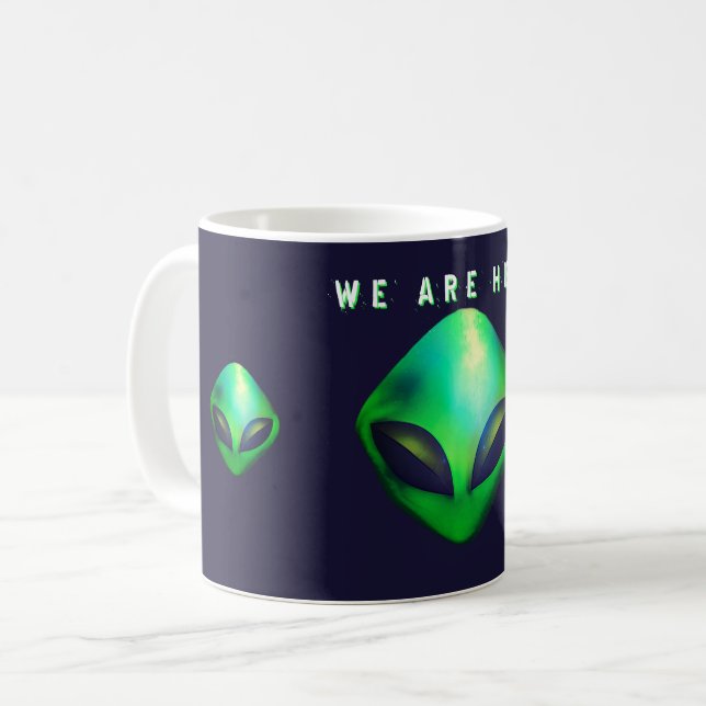 Mug "Nous sommes ici" tête d'alien vert (Devant gauche)