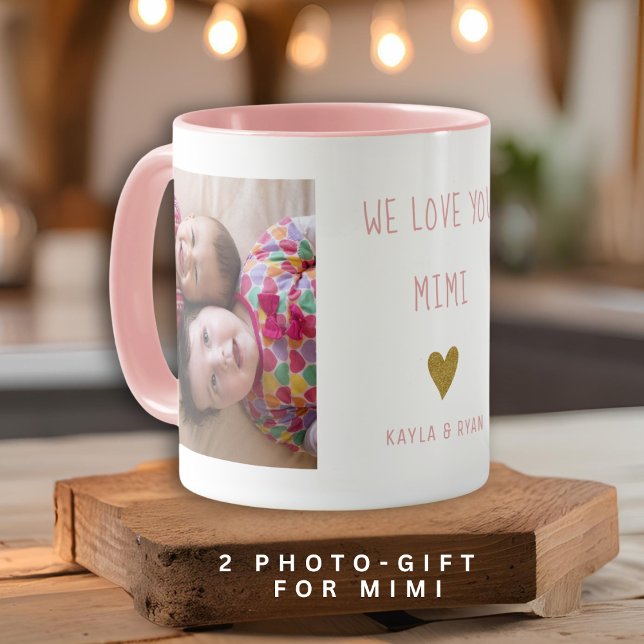 Mug Nous Vous Aimons Mimi 2 Collage Photo Grand-mère r (We Love You Mimi 2 Photo Collage Grandma Pink Mug)