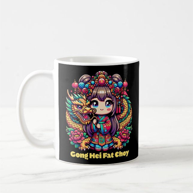 Mug Nouvel An Chinois Fille, Dragon, Fleurs (Gauche)