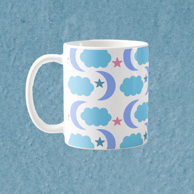 Mug Nuages et Étoiles de Lune Bleu Violet (A cute mug with moons, clouds and stars in purple, blue and pink)