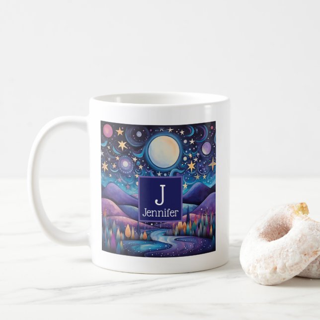 Mug Nuit lunaire Big Lune Paysage Monogramme (Avec donut)