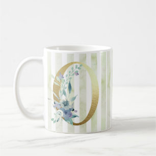 Mug O, rayures dorées initiales bleu et blanc