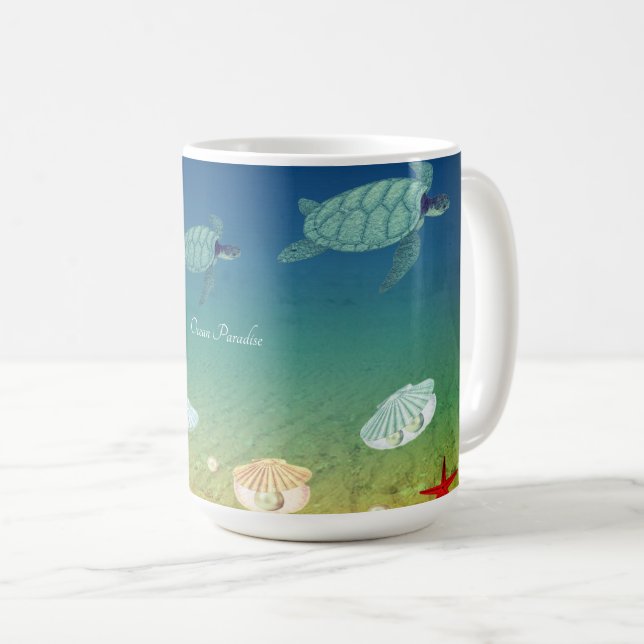 Mug Océan, tortues de mer, coquillages, perles & calli (Devant droit)