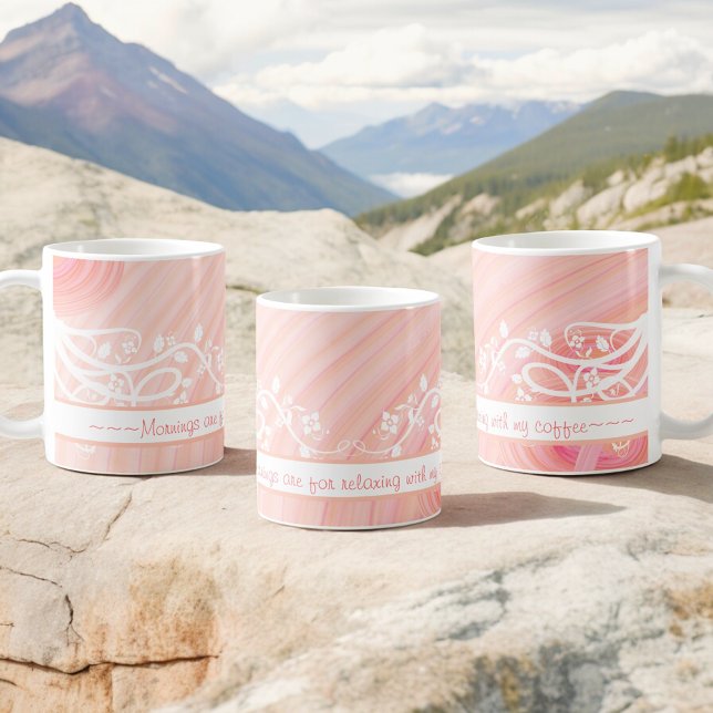 Mug Oeuvre personnalisée Peach Pastel Spirals (left, center and right mug design with text)
