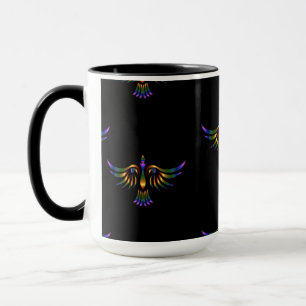 Mug Oiseau abstrait doré, violet et vert sur noir