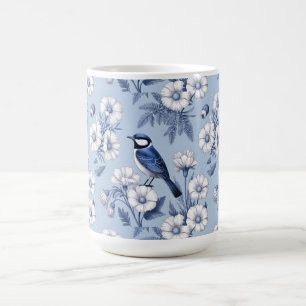 Mug Oiseau Bleu Élégant et Motif Floral Blanc
