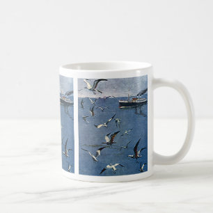 Mug Oiseaux Animaux Vintage, Mouettes et Bateaux de Pê
