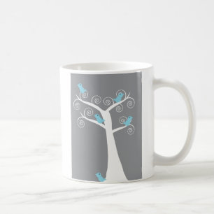 Mug Oiseaux bleus fantaisistes sur fond gris d'arbre b