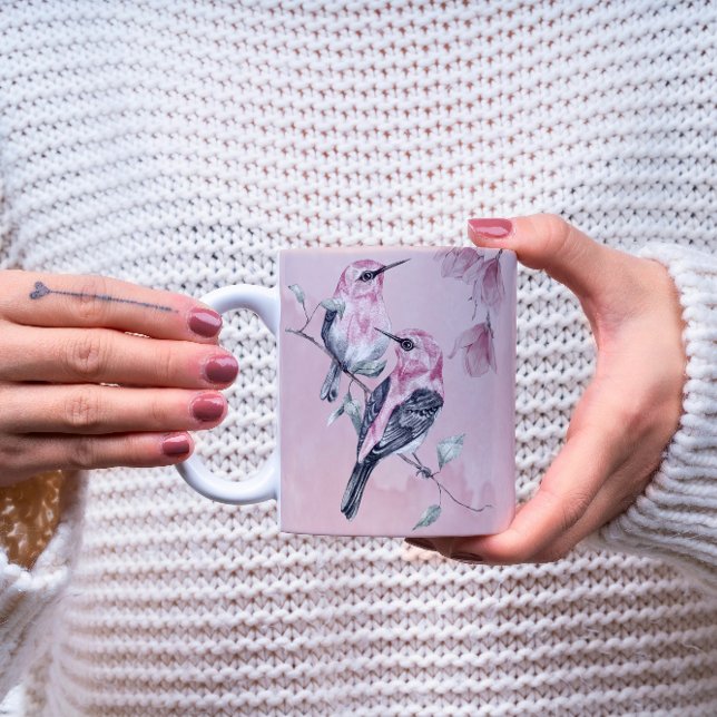Mug Oiseaux et fleurs roses en aquarelle (Créateur téléchargé)