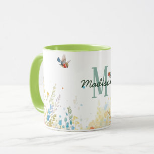 Mug Oiseaux Floraux Aquarelle Monogramme Fleur Sauvage