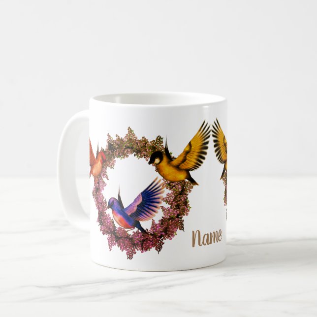 Mug Oiseaux Sur Flower Wreath Personnalisé (Devant gauche)