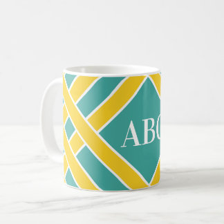 Mug Or/aqua/bandes blanches, rayures, initiales de