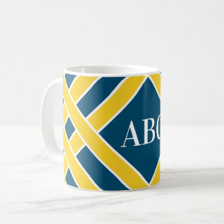 Mug Or/bandes bleues/blanches, rayures, initiales de