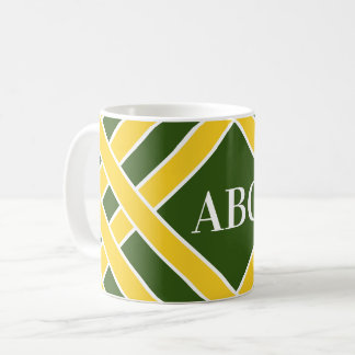 Mug Or/bandes de vert/blanches, rayures, initiales de