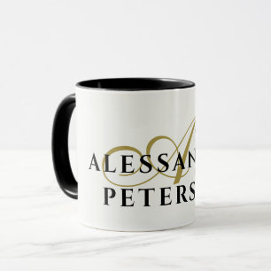 Mug Or Blanc Monogramme Nom Noir Élégant Minimaliste