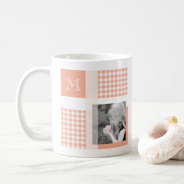 Mug Orange Ajouter Votre Photo En vichy Monogramme Mod (Avec donut)