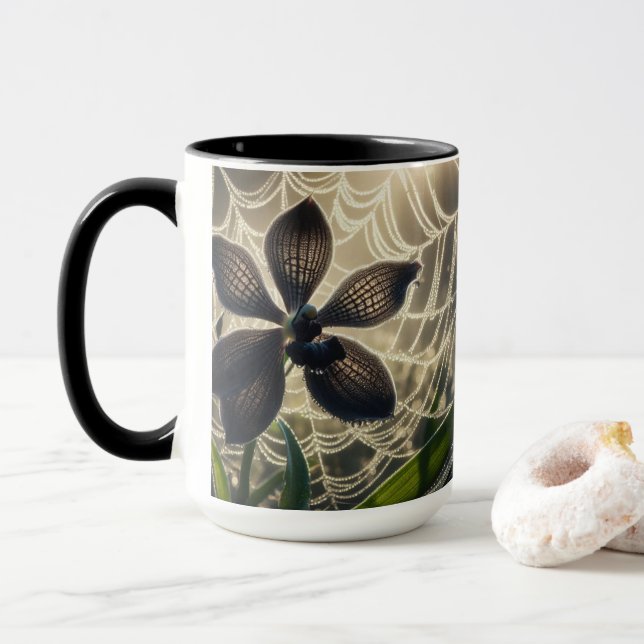 Mug Orchidée noire Spiderweb Floral (Avec donut)