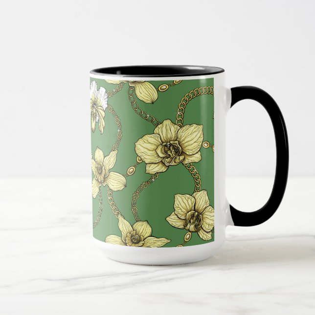 Mug Orchidées et chaînes, jaune et vert kelly (Droite)