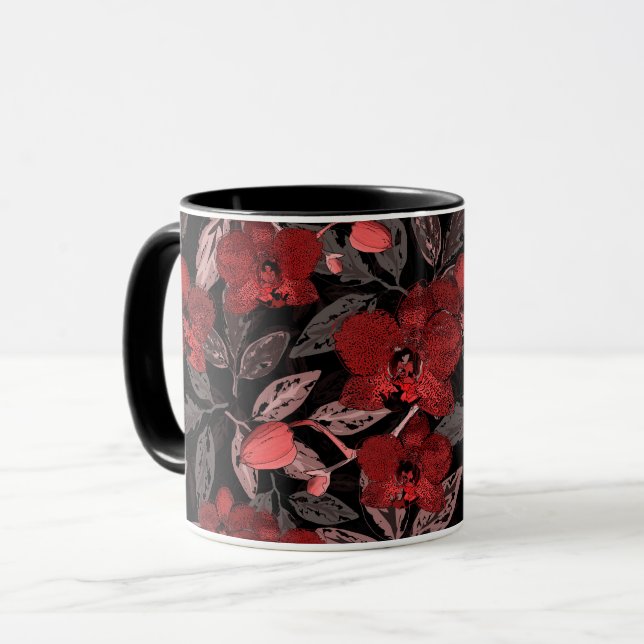 Mug Orchidées rouges sur noir. (Devant gauche)