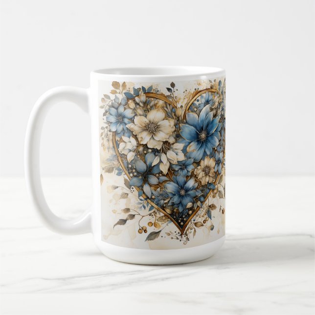 MUG ORNATE BLEU CRÈME OR COEURS FLORALES (Gauche)