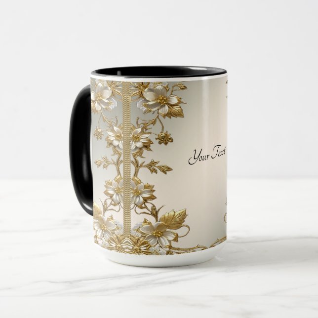 Mug Orné Or Floral Blanc (Devant gauche)