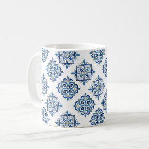 Mug Ornement brodé bleu sur blanc