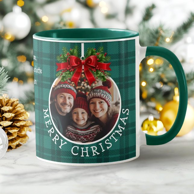 Mug Ornement de boule de Noël Photo Buffle vert Plaid (Christmas Ball Ornament Photo Green Buffalo Plaid Mug)