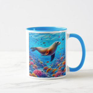 Mug Otarie nageant sous la mer parmi les poissons.