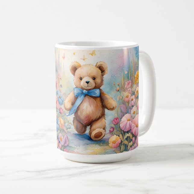 Mug Ours en peluche à flâner dans un jardin pastel (Devant droit)