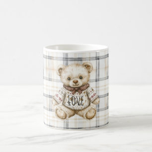 Mug Ours en peluche amour carreaux gris crème rayures